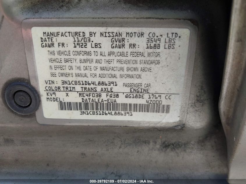 2004 Nissan Sentra 1.8S VIN: 3N1CB51D64L886391 Lot: 39792189