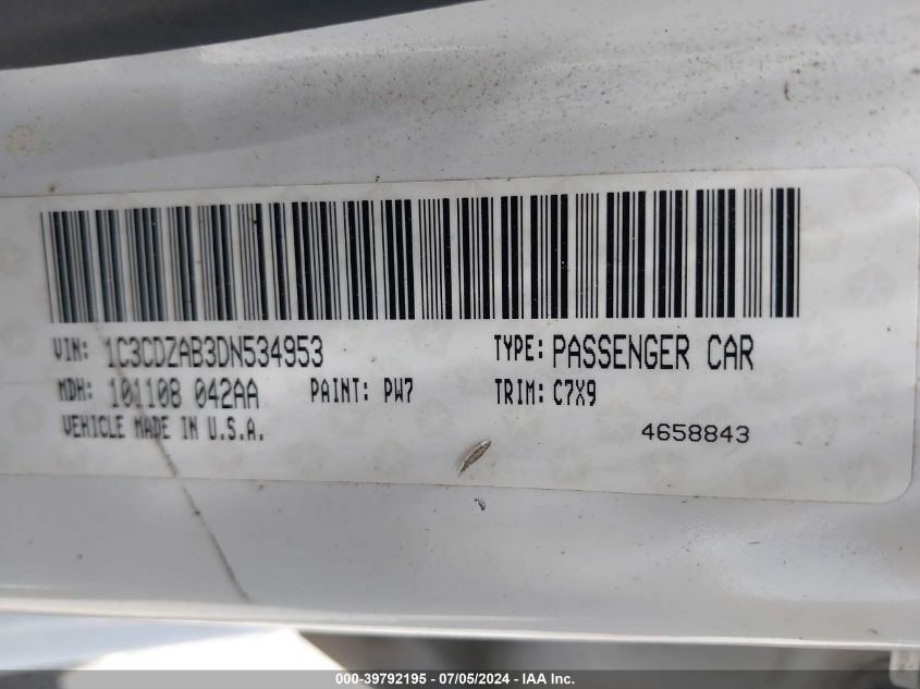 2013 Dodge Avenger Se VIN: 1C3CDZAB3DN534953 Lot: 39792195