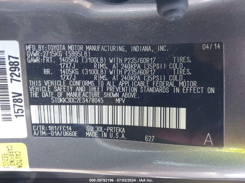 5TDKK3DC2ES478045 2014 Toyota Sienna Le V6 8 Passenger