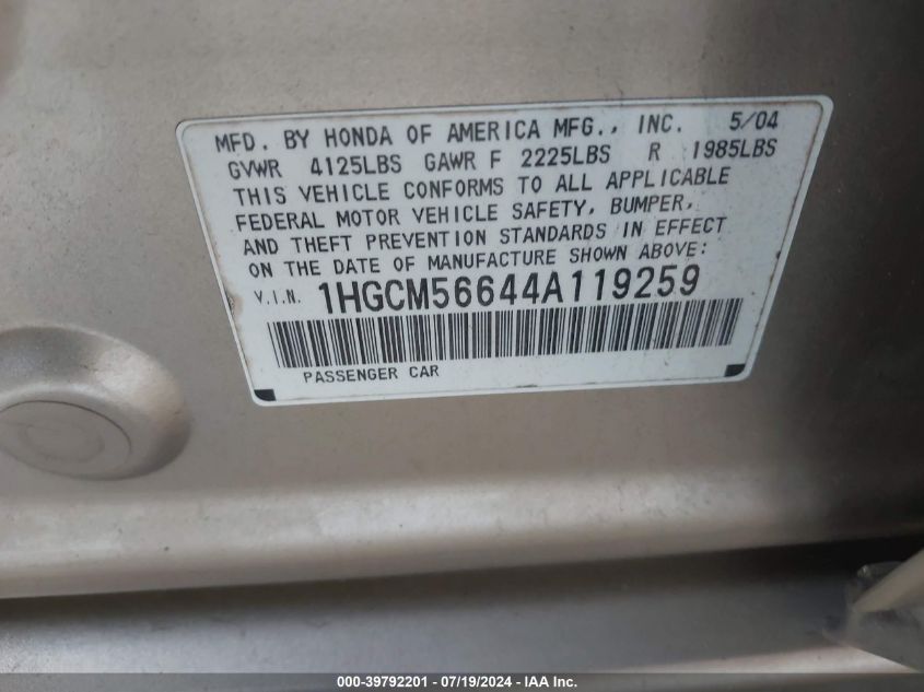 2004 Honda Accord 2.4 Ex VIN: 1HGCM56644A119259 Lot: 39792201