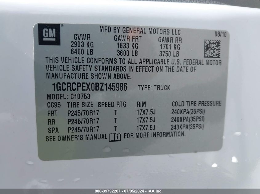 2011 Chevrolet Silverado 1500 Work Truck VIN: 1GCRCPEX0BZ145986 Lot: 39792207