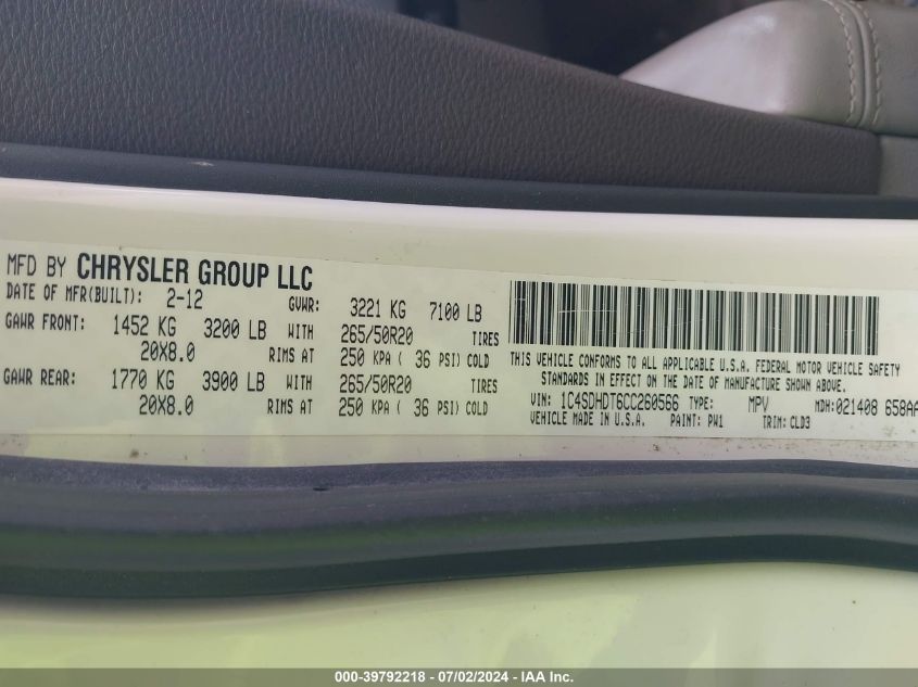 2012 Dodge Durango Crew VIN: 1C4SDHDT6CC260566 Lot: 39792218