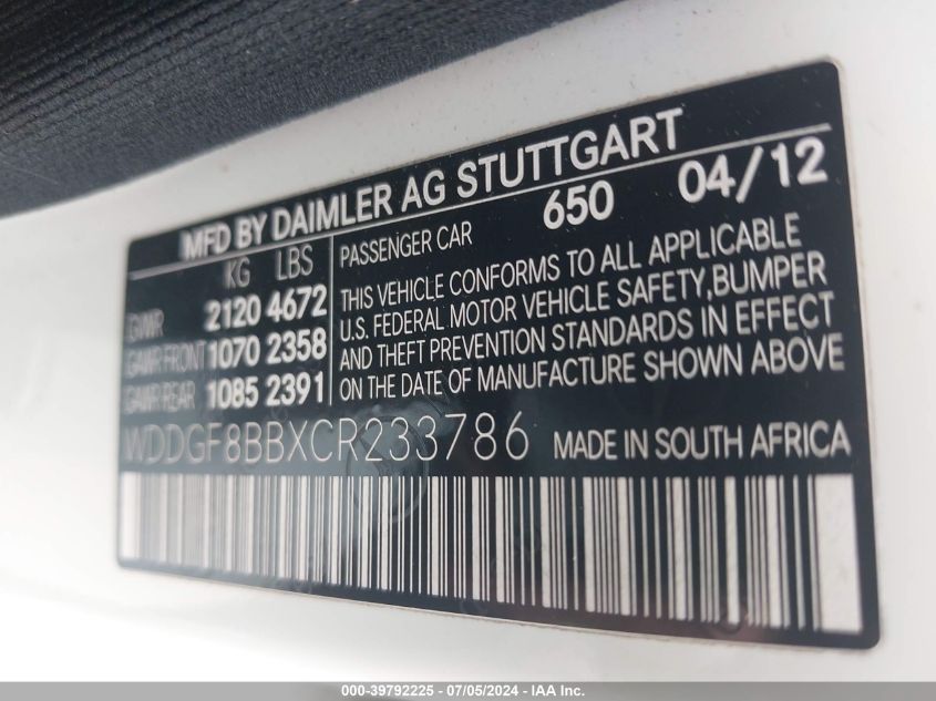 2012 Mercedes-Benz C 300 Luxury 4Matic/Sport 4Matic VIN: WDDGF8BBXCR233786 Lot: 39792225