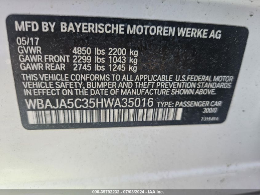 2017 BMW 530I VIN: WBAJA5C35HWA35016 Lot: 39792232