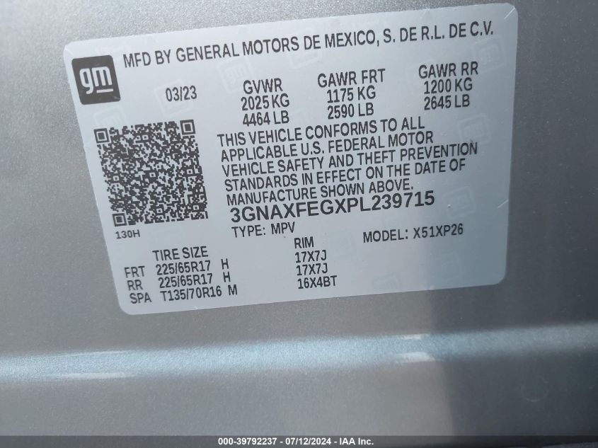 2023 Chevrolet Equinox Fwd 1Fl VIN: 3GNAXFEGXPL239715 Lot: 39792237