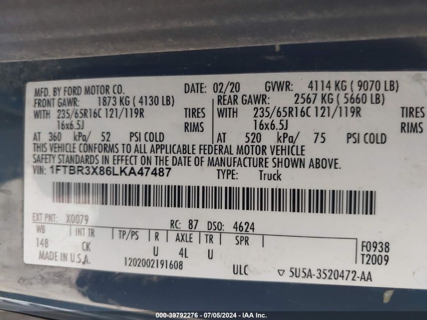 2020 Ford Transit-250 Cargo Van VIN: 1FTBR3X86LKA47487 Lot: 39792276