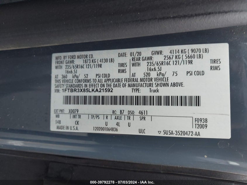 2020 FORD TRANSIT-250 CARGO VAN - 1FTBR3X85LKA21592