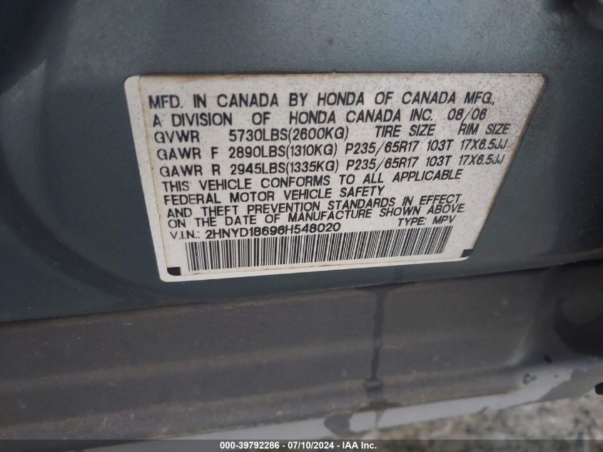 2006 Acura Mdx VIN: 2HNYD18696H548020 Lot: 39792286