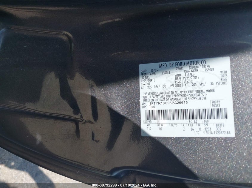 2006 Ford Ranger Sport/Stx/Xl/Xlt VIN: 1FTYR10U96PA26615 Lot: 39792299