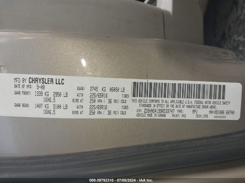 2009 Dodge Grand Caravan Sxt VIN: 2D8HN54199R533747 Lot: 39792310