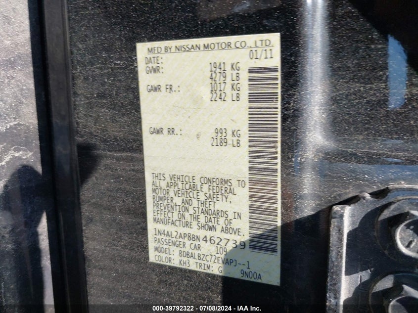 2011 Nissan Altima 2.5 S VIN: 1N4AL2AP8BN462739 Lot: 39792322