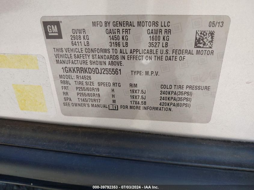2013 GMC Acadia Slt-1 VIN: 1GKKRRKD9DJ255561 Lot: 39792353