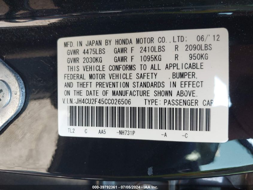 2012 Acura Tsx 2.4 VIN: JH4CU2F45CC026506 Lot: 39792361