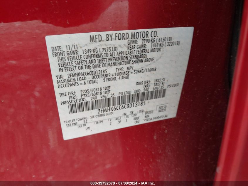 2012 Ford Flex Sel VIN: 2FMHK6CC6CBD13185 Lot: 39792379