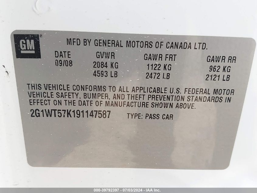 2009 Chevrolet Impala 1Lt VIN: 2G1WT57K191147587 Lot: 39792397