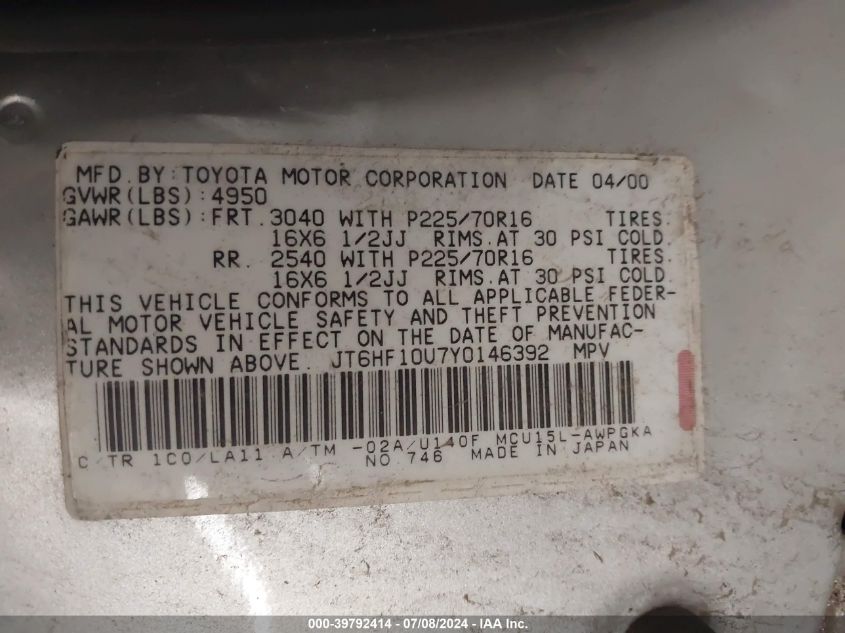 2000 Lexus Rx 300 VIN: JT6HF10U7Y0146392 Lot: 39792414