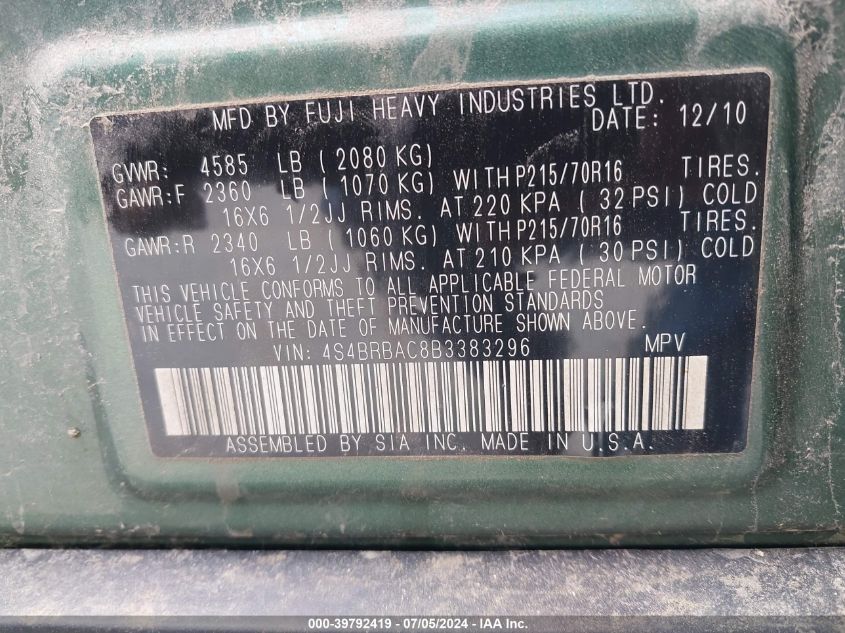 2011 Subaru Outback 2.5I VIN: 4S4BRBAC8B3383296 Lot: 39792419