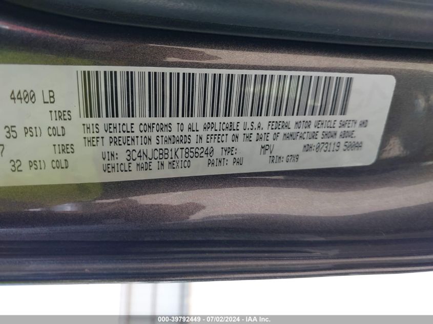 2019 Jeep Compass Latitude Fwd VIN: 3C4NJCBB1KT856240 Lot: 39792449