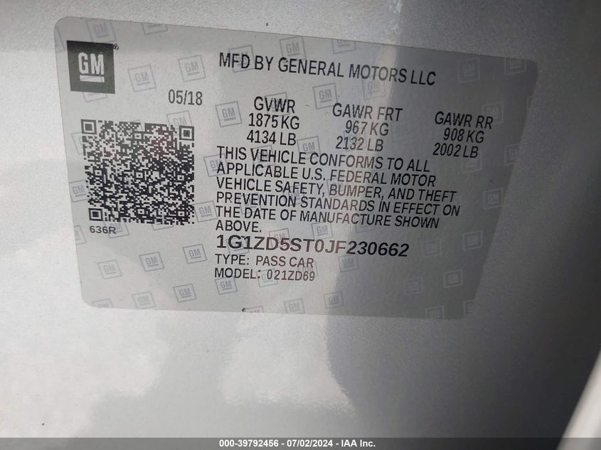 2018 Chevrolet Malibu Lt VIN: 1G1ZD5ST0JF230662 Lot: 39792456
