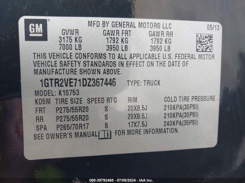 2013 GMC Sierra 1500 Sle VIN: 1GTR2VE71DZ367446 Lot: 39792468