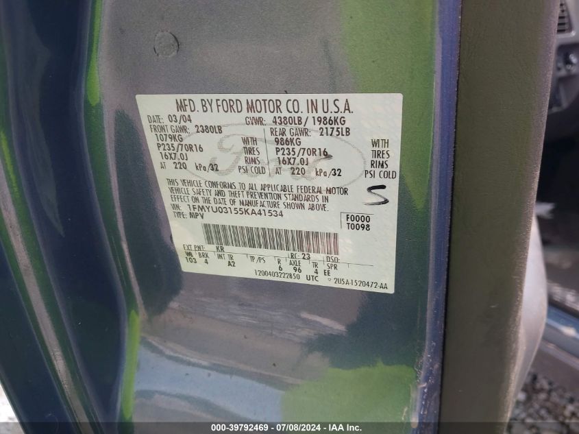 2005 Ford Escape Xlt VIN: 1FMYU03155KA41534 Lot: 39792469