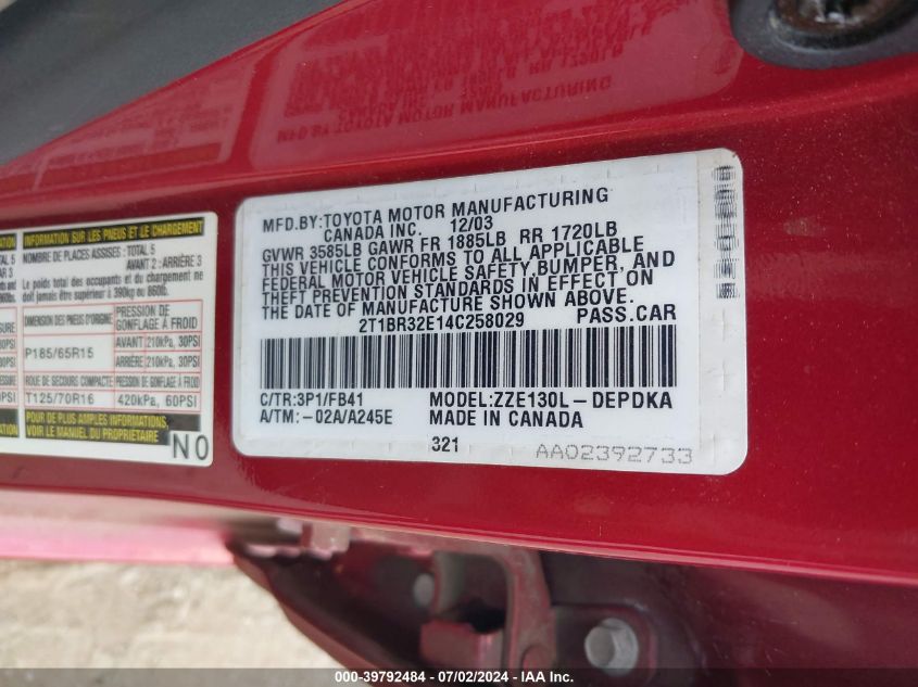 2004 Toyota Corolla Ce VIN: 2T1BR32E14C258029 Lot: 39792484