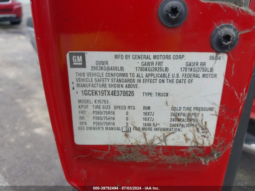 2004 Chevrolet Silverado 1500 Z71 VIN: 1GCEK19TX4E370626 Lot: 39792494