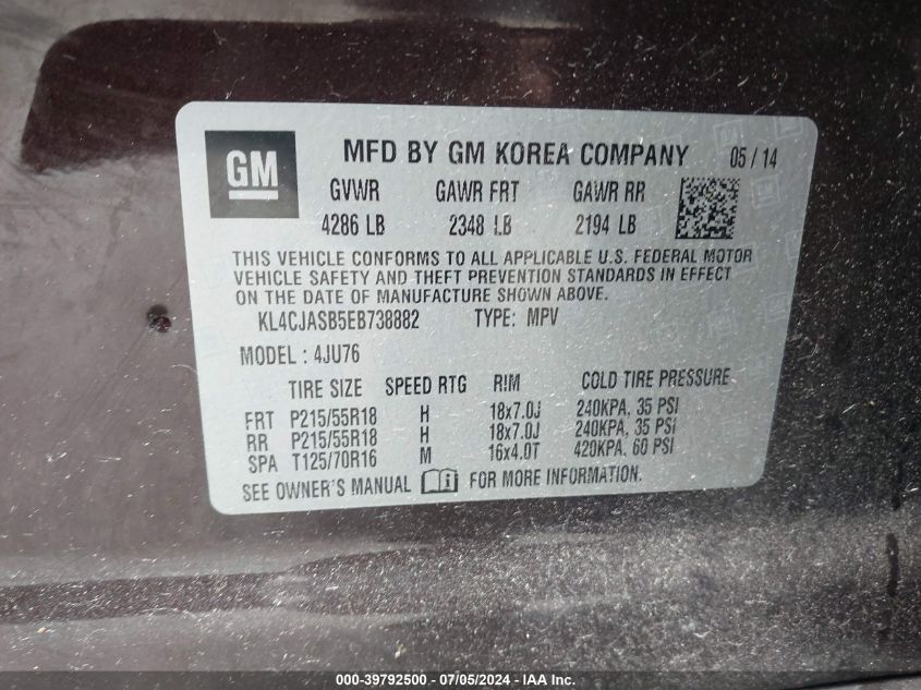 2014 Buick Encore VIN: KL4CJASB5EB738882 Lot: 39792500