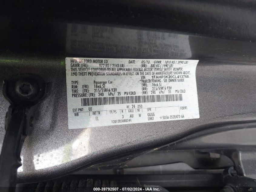 1FAHP3K20CL413768 | 2012 FORD FOCUS