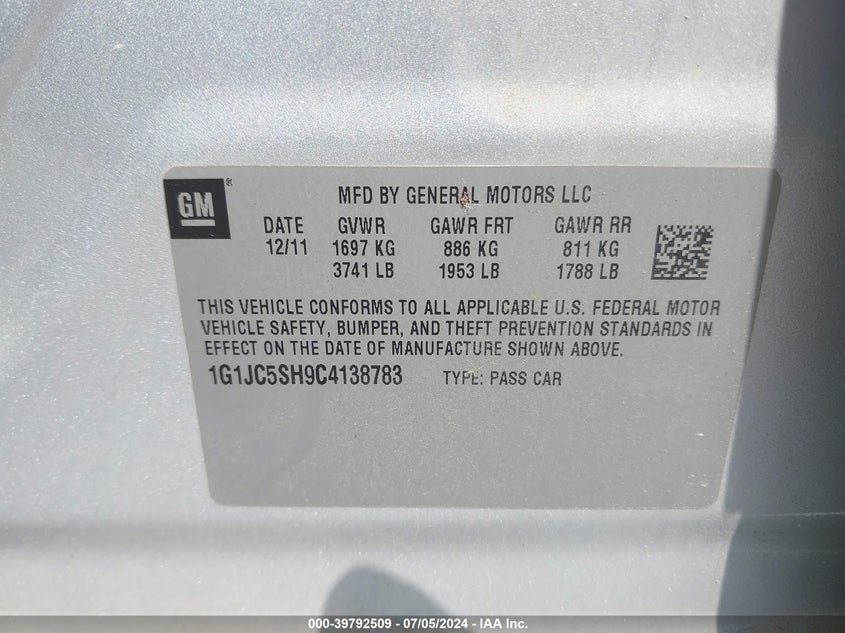 2012 Chevrolet Sonic 2Lt VIN: 1G1JC5SH9C4138783 Lot: 39792509