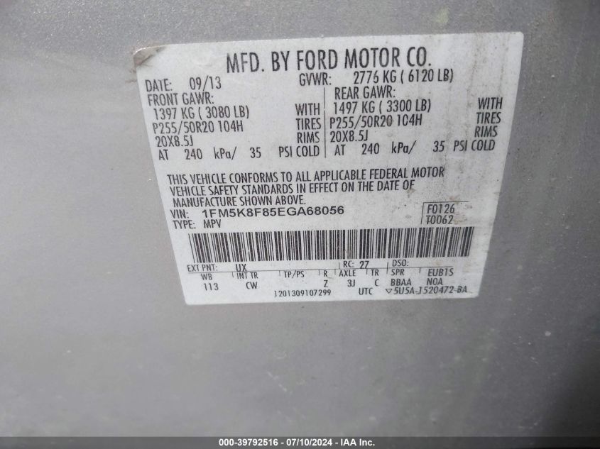 2014 Ford Explorer Limited VIN: 1FM5K8F85EGA68056 Lot: 39792516