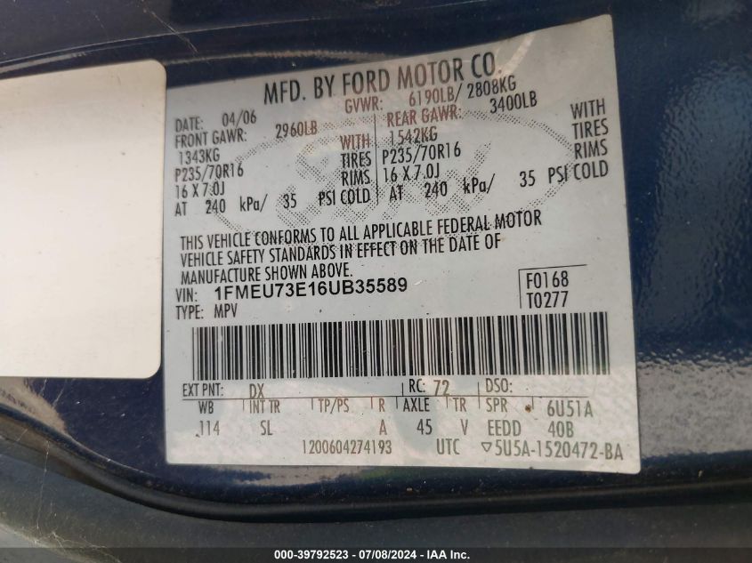 2006 Ford Explorer Xlt VIN: 1FMEU73E16UB35589 Lot: 39792523