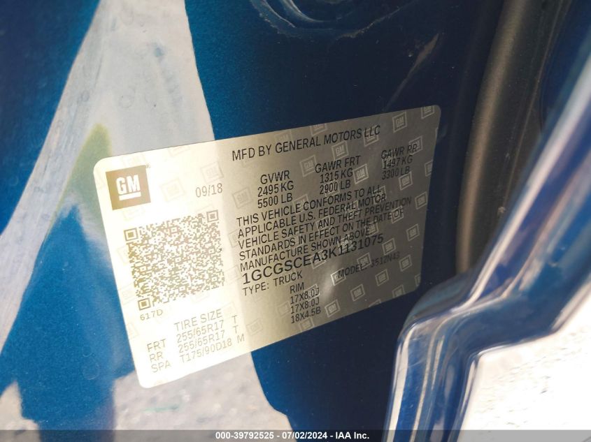 2019 Chevrolet Colorado Lt VIN: 1GCGSCEA3K1131075 Lot: 39792525