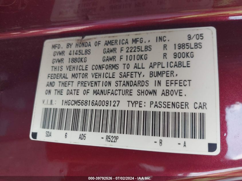2006 Honda Accord 2.4 Ex VIN: 1HGCM56816A009127 Lot: 39792526