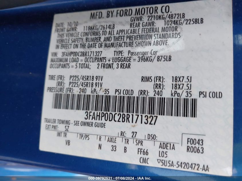 2011 Ford Fusion Sport VIN: 3FAHP0DC2BR171327 Lot: 39792531