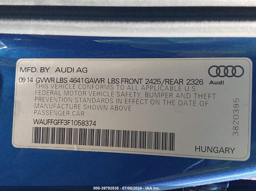 WAUFFGFF3F1058374 2015 Audi S3 2.0T Premium Plus