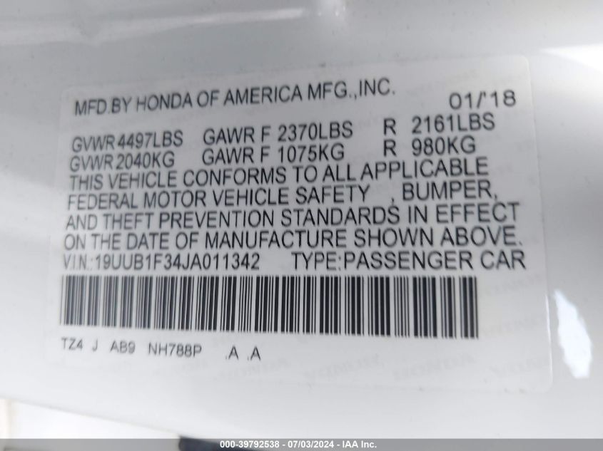 2018 Acura Tlx VIN: 19UUB1F34JA011342 Lot: 39792538