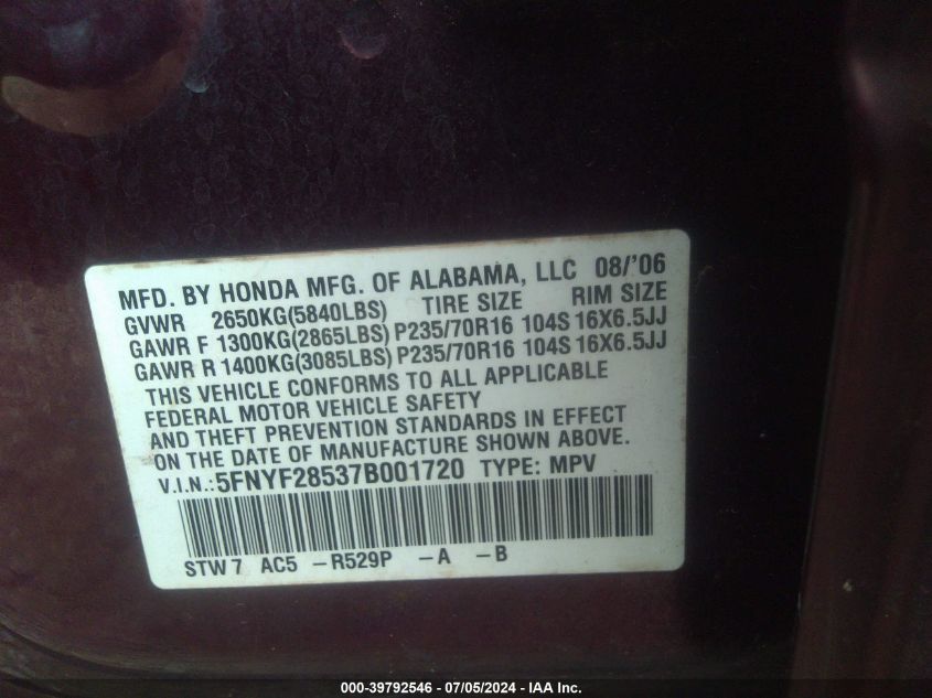 2007 Honda Pilot Ex-L VIN: 5FNYF28537B001720 Lot: 39792546