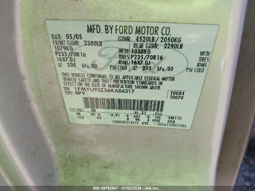 2006 Ford Escape Xlt VIN: 1FMYU93Z56KA04317 Lot: 39792547