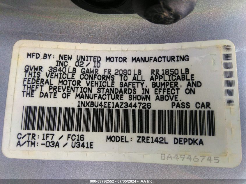 2010 Toyota Corolla Le VIN: 1NXBU4EE1AZ344726 Lot: 39792552