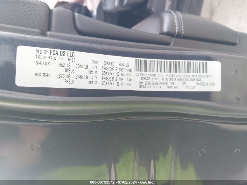 2015 Jeep Grand Cherokee Limited VIN: 1C4RJEBG9FC903587 Lot: 39792572