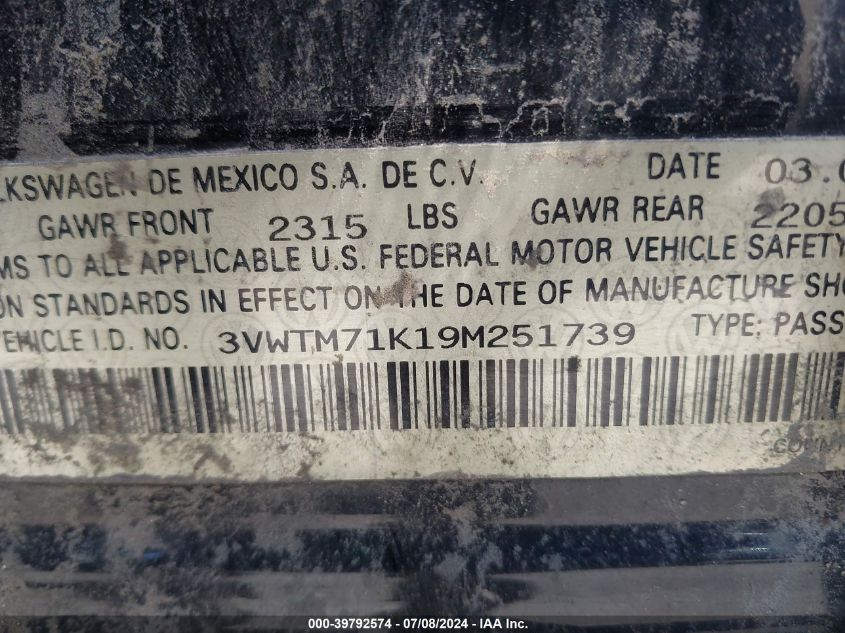 2009 Volkswagen Jetta 2.5L Se VIN: 3VWTM71K19M251739 Lot: 39792574