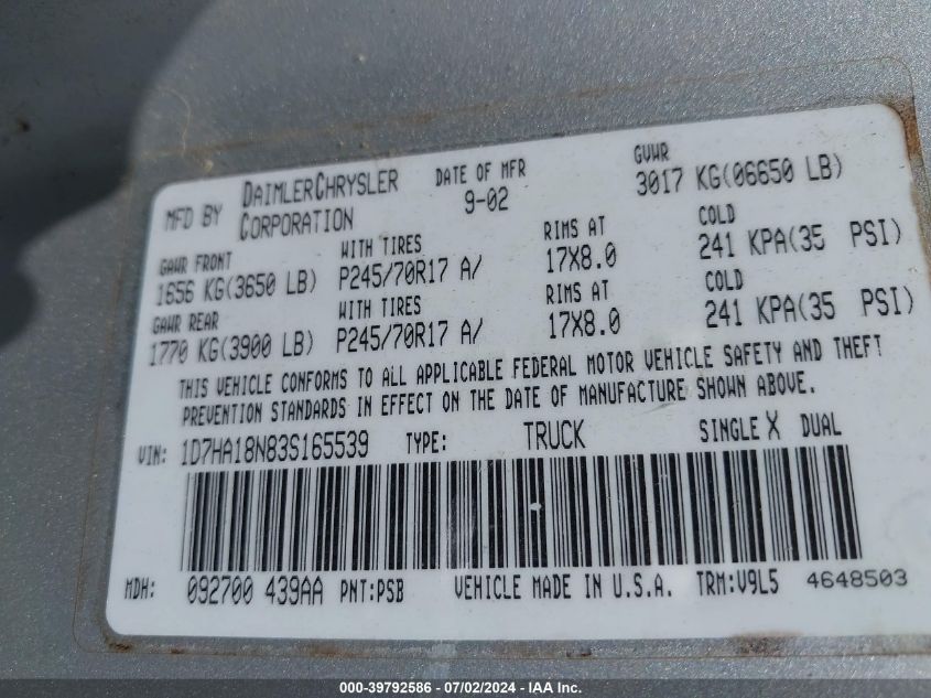 2003 Dodge Ram 1500 Slt/Laramie/St VIN: 1D7HA18N83S165539 Lot: 39792586