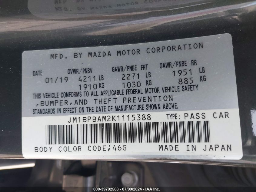 JM1BPBAM2K1115388 2019 Mazda Mazda3 Select Package