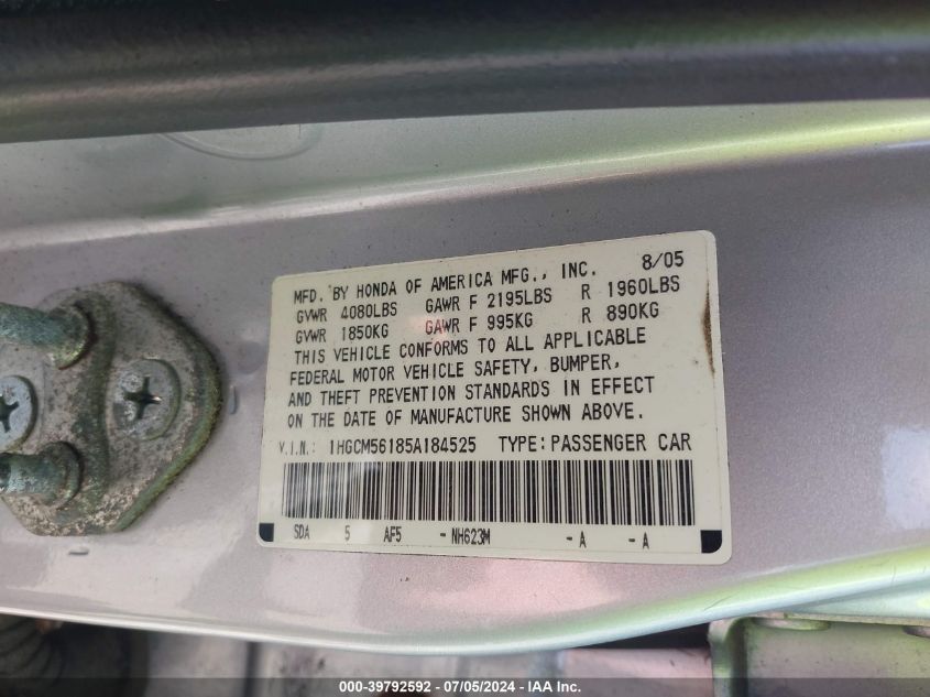 2005 Honda Accord 2.4 Dx VIN: 1HGCM56185A184525 Lot: 39792592