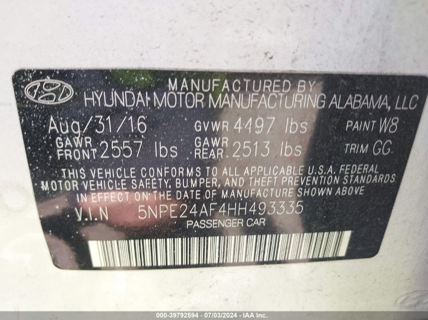 2017 HYUNDAI SONATA - 5NPE24AF4HH493335