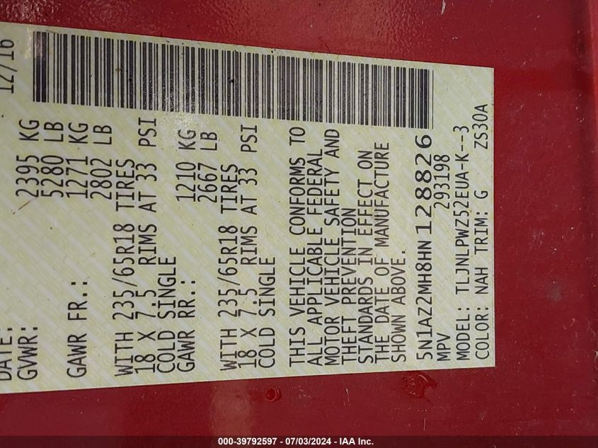 2017 Nissan Murano S/Sl/Sv/Platinum VIN: 5N1AZ2MH8HN128826 Lot: 39792597