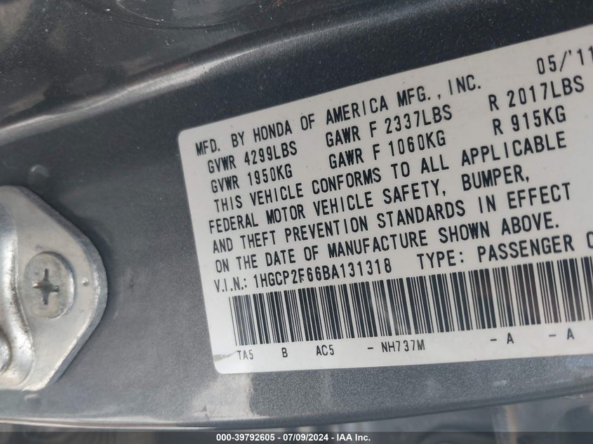 2011 Honda Accord 2.4 Se VIN: 1HGCP2F66BA131318 Lot: 39792605