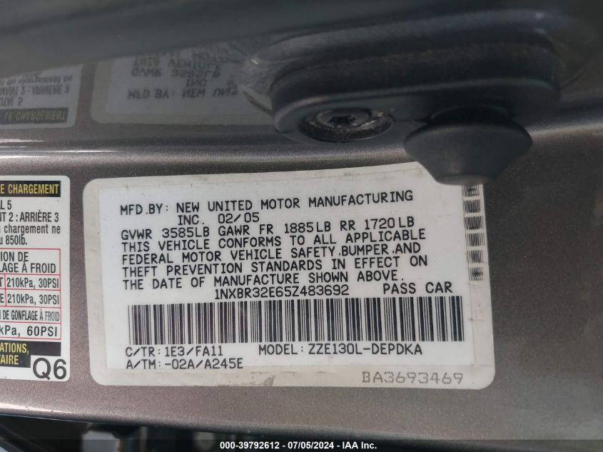 2005 Toyota Corolla Ce VIN: 1NXBR32E65Z483692 Lot: 39792612