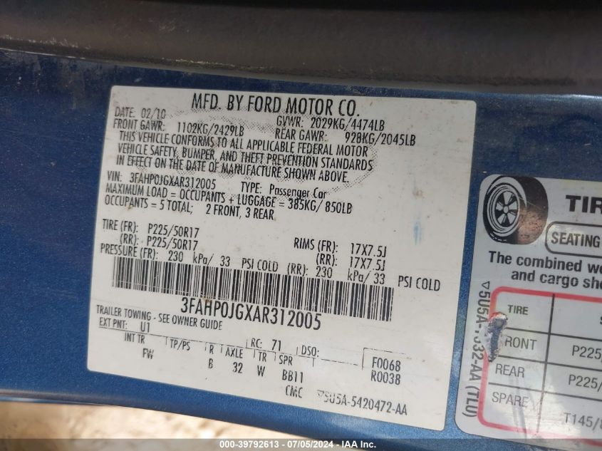 2010 Ford Fusion Sel VIN: 3FAHP0JGXAR312005 Lot: 39792613